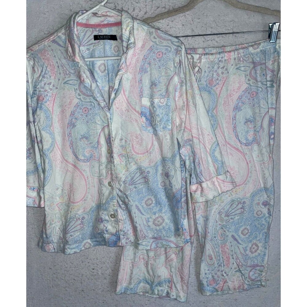 Lauren Ralph Lauren Pajama Set Womens 2 pc pj button M Blue floral cropped